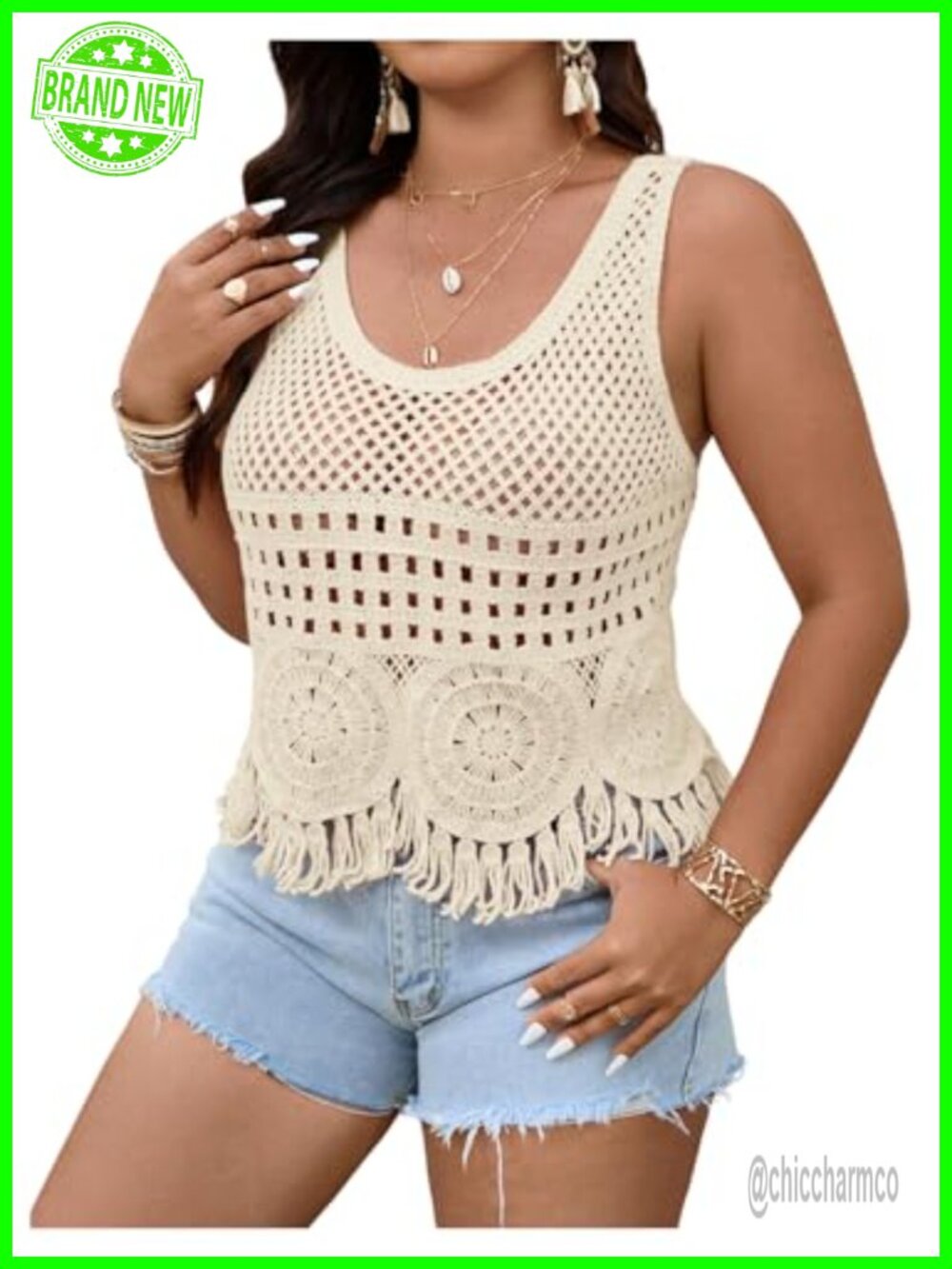 Women's Plus Size Crochet Fringe Boho Tank Top Sleeveless